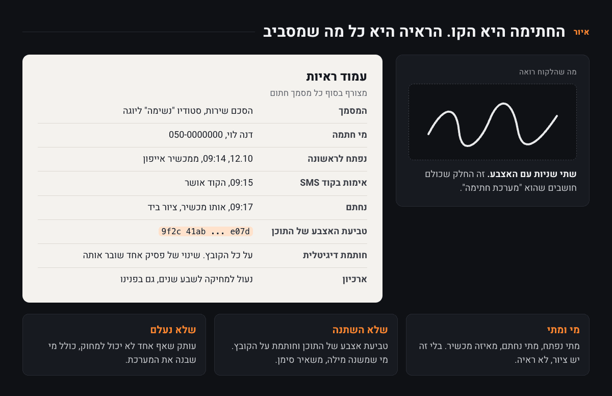 מימין קו חתימה מצויר ביד: שתי שניות עם האצבע. משמאל עמוד ראיות של מסמך בדוי: מי חתמה, מתי נפתח וממכשיר איזה, אימות בקוד SMS, מתי נחתם, טביעת אצבע של התוכן, חותמת דיגיטלית על הקובץ וארכיון נעול למחיקה לשבע שנים