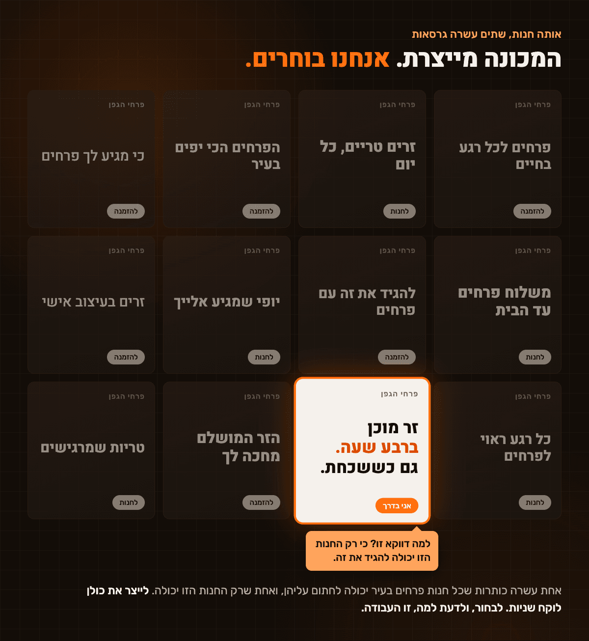 שתים עשרה כותרות למודעה של חנות פרחים בדויה בשם פרחי הגפן. אחת עשרה מהן מעומעמות וגנריות, כמו פרחים לכל רגע בחיים וזרים טריים כל יום. אחת מודגשת בכתום: זר מוכן ברבע שעה, גם כששכחת, ומתחתיה ההסבר למה נבחרה