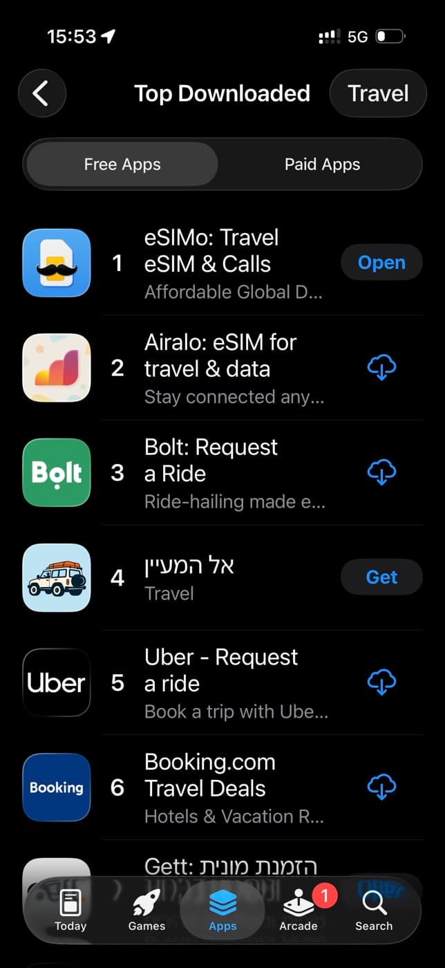 צילום מסך מה-App Store הישראלי: Top Downloaded בקטגוריית Travel, eSIMo במקום הראשון מעל Airalo, Bolt, Uber ו-Booking