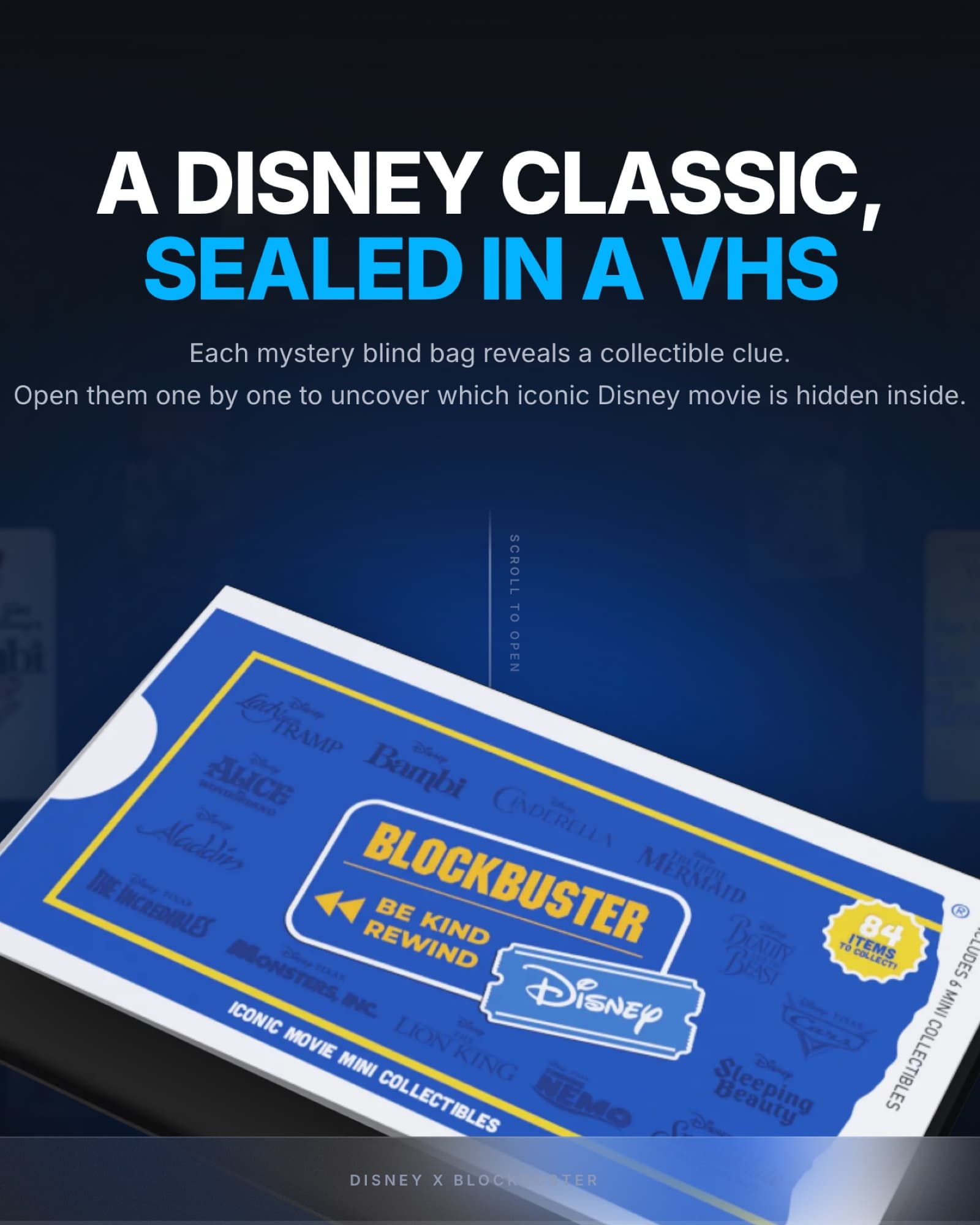 קפסולת VHS כחולה של בלוקבאסטר ודיסני מוארת בחדר חשוך, מתחת לכותרת A Disney Classic, Sealed in a VHS