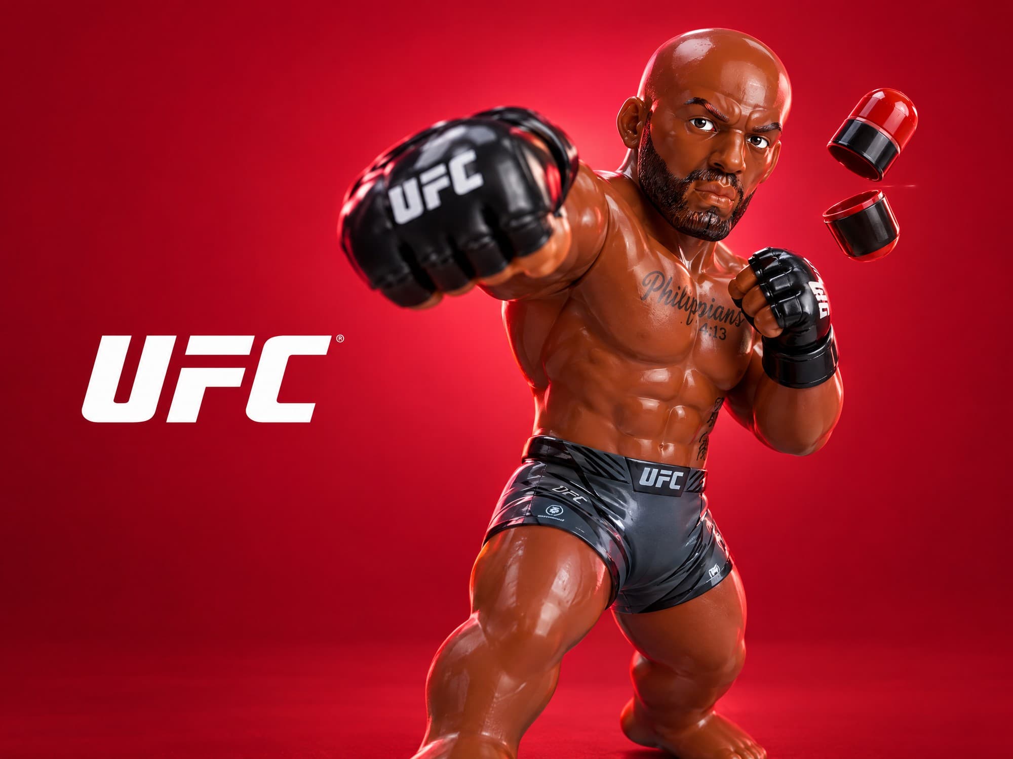 בובת לוחם UFC של PMI Toys בעמידת קרב על רקע אדום, לצד לוגו UFC