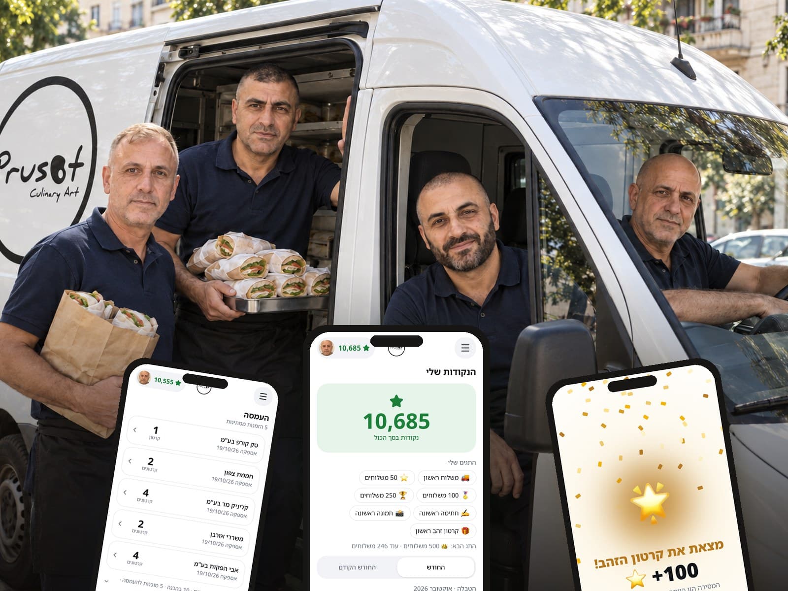 ארבעת הנהגים של פרוסות ליד הוואן הלבן עם הלוגו, ומתחתם שלושה טלפונים עם האפליקציה: מסך ההעמסה, הנקודות שלי וקרטון הזהב