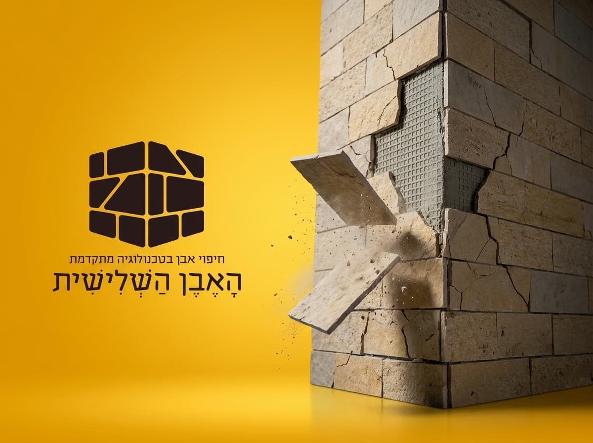 פינת מבנה מחופה אבן ירושלמית שממנה נשמטים אריחי אבן שטוחים באוויר, על רקע צהוב המותג, לצד הלוגו של האבן השלישית