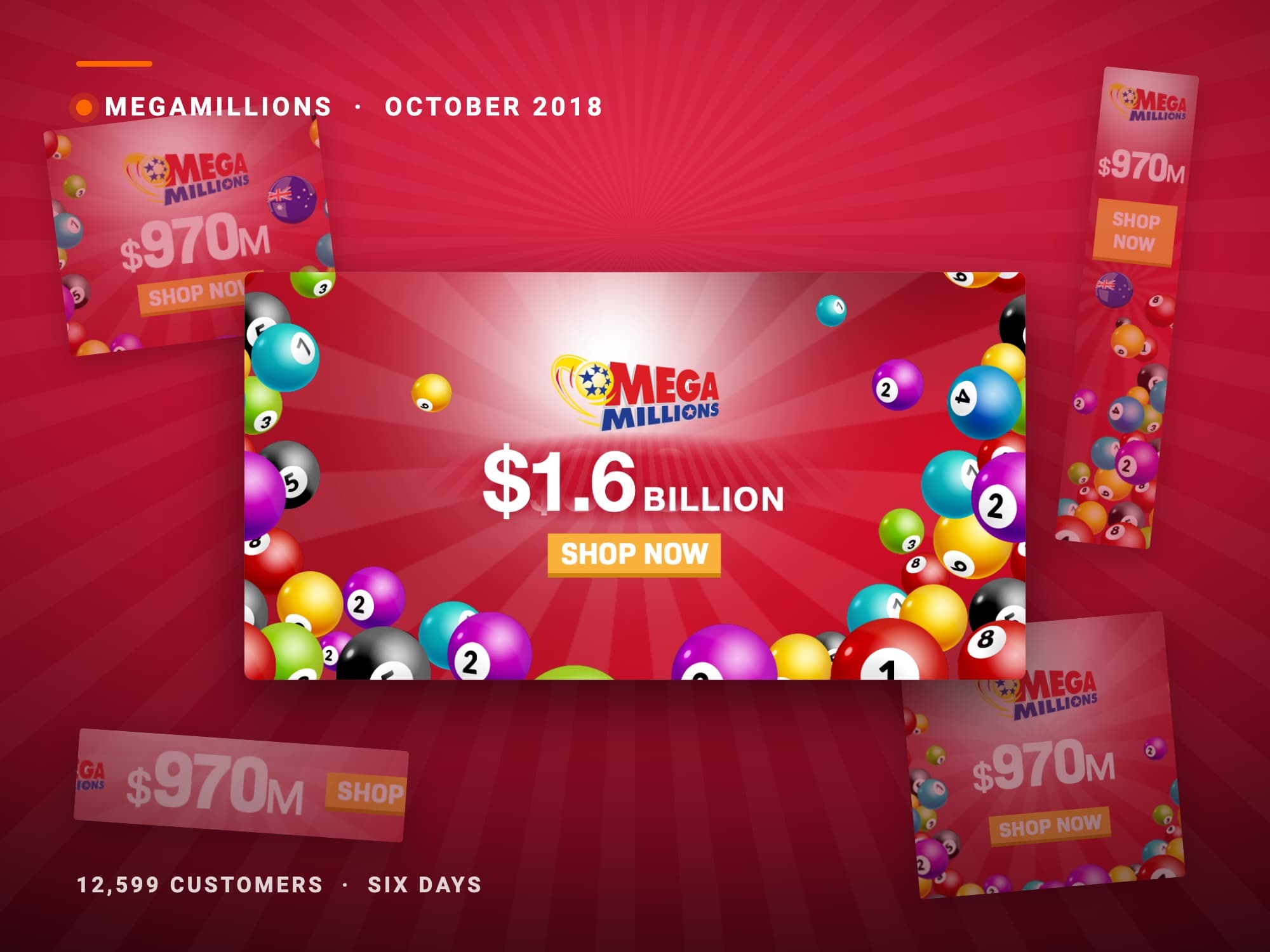 קריאייטיב MegaMillions על 1.6 מיליארד דולר, מוקף בבאנרים של השלבים המוקדמים בגלגול