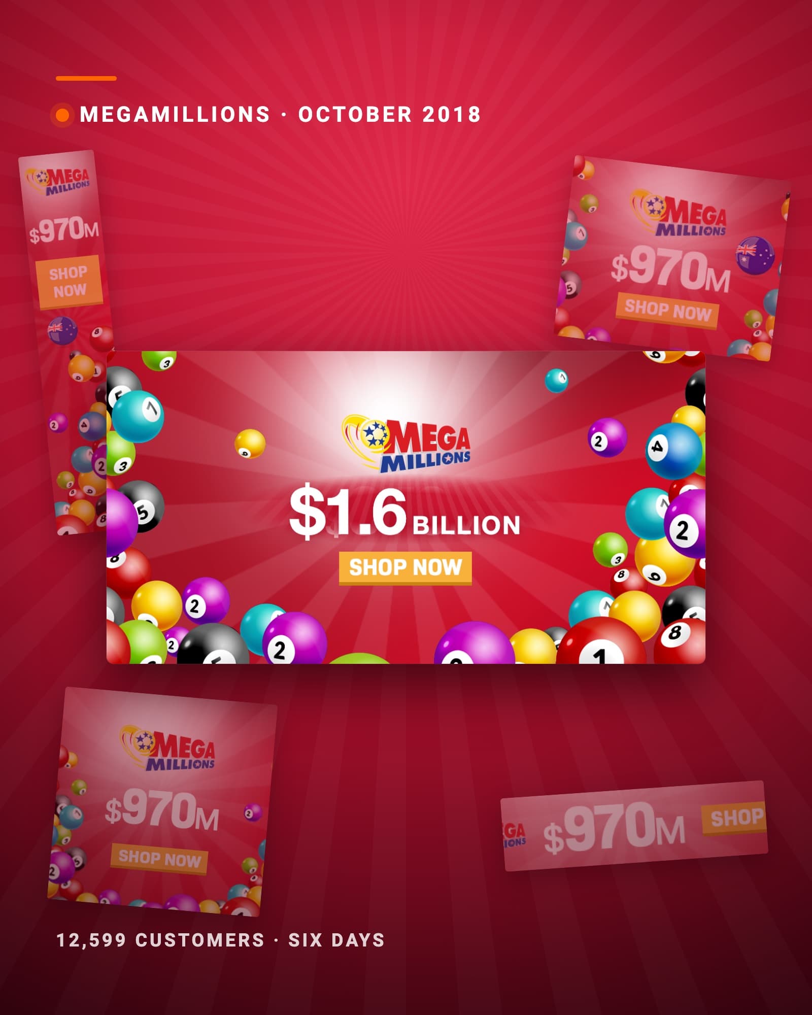 קריאייטיב MegaMillions על 1.6 מיליארד דולר, מוקף בבאנרים של השלבים המוקדמים בגלגול
