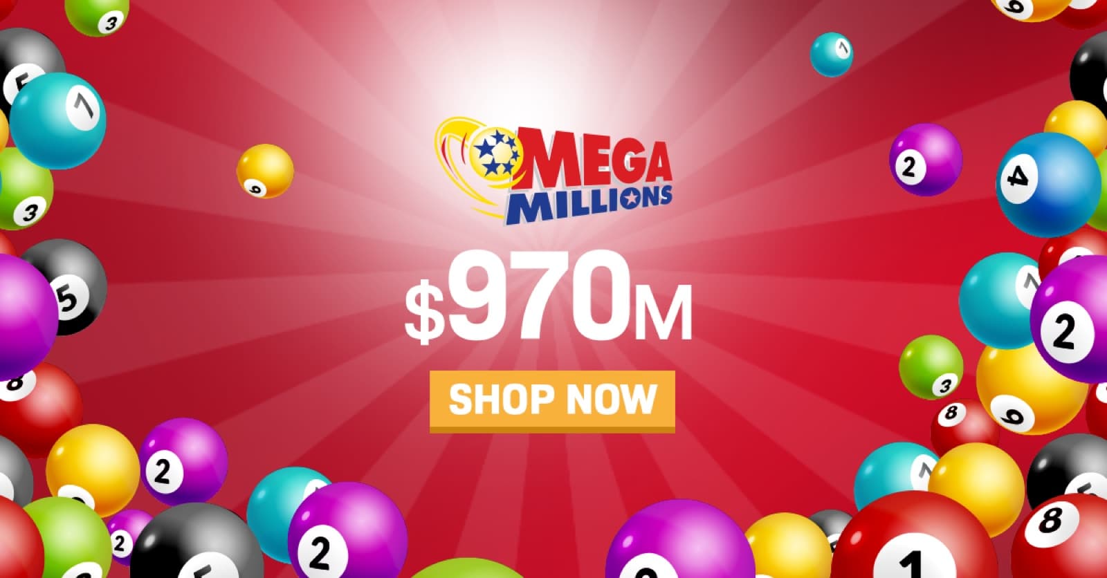 מודעת פייסבוק של MegaMillions על רקע אדום עם כדורי לוטו, הסכום $970M וכפתור SHOP NOW