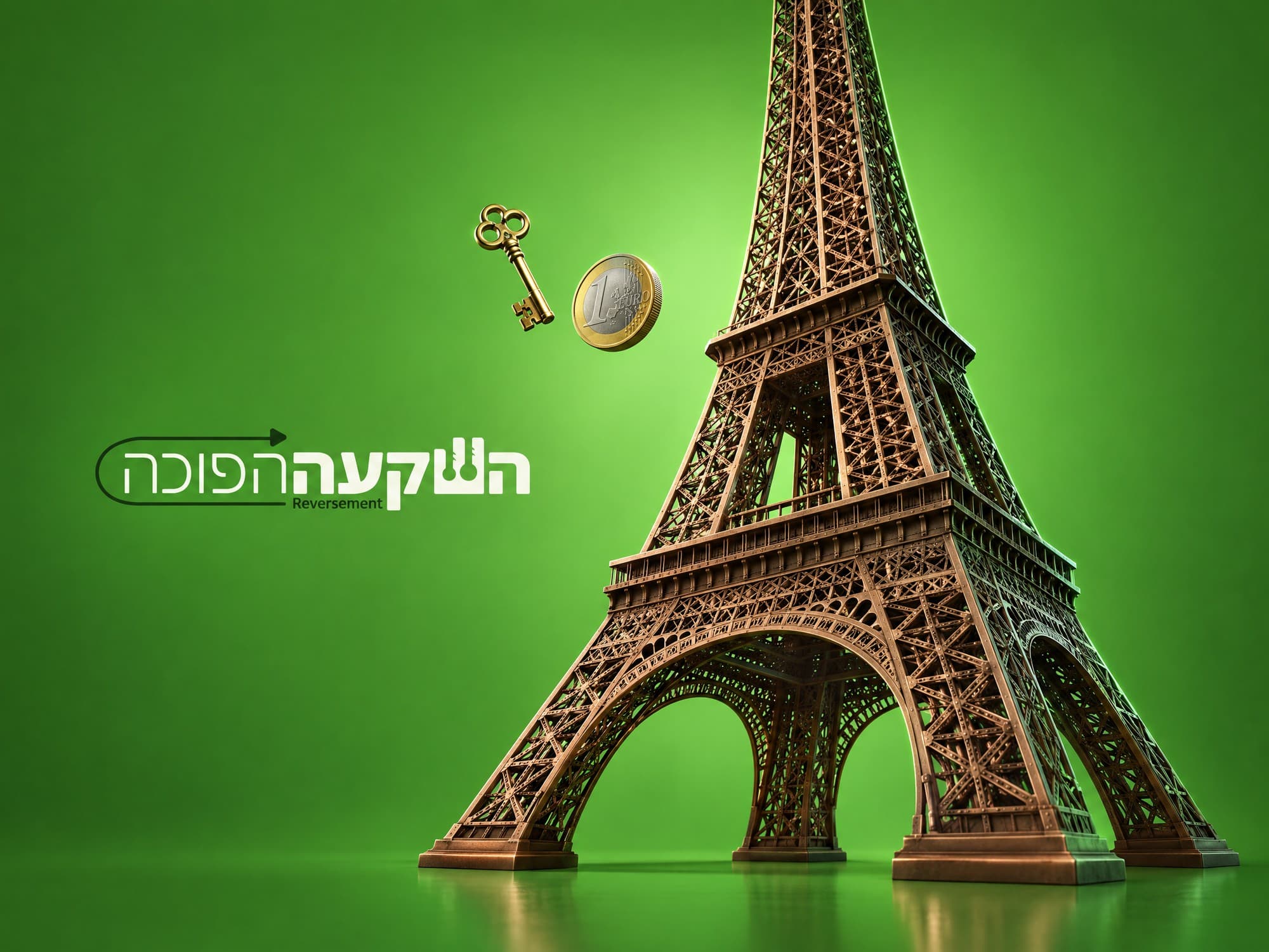 מודל תלת-ממד של מגדל אייפל על רקע ירוק, לצד לוגו השקעה הפוכה